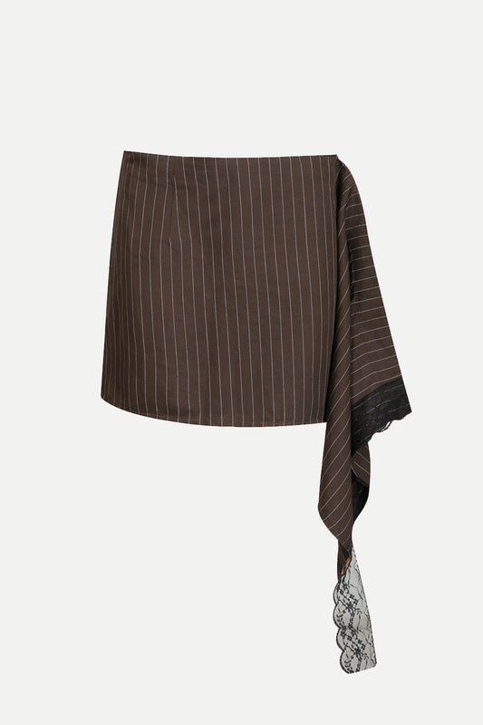 Asymmetric Pinstripe Mini Skirt with Lace Detail